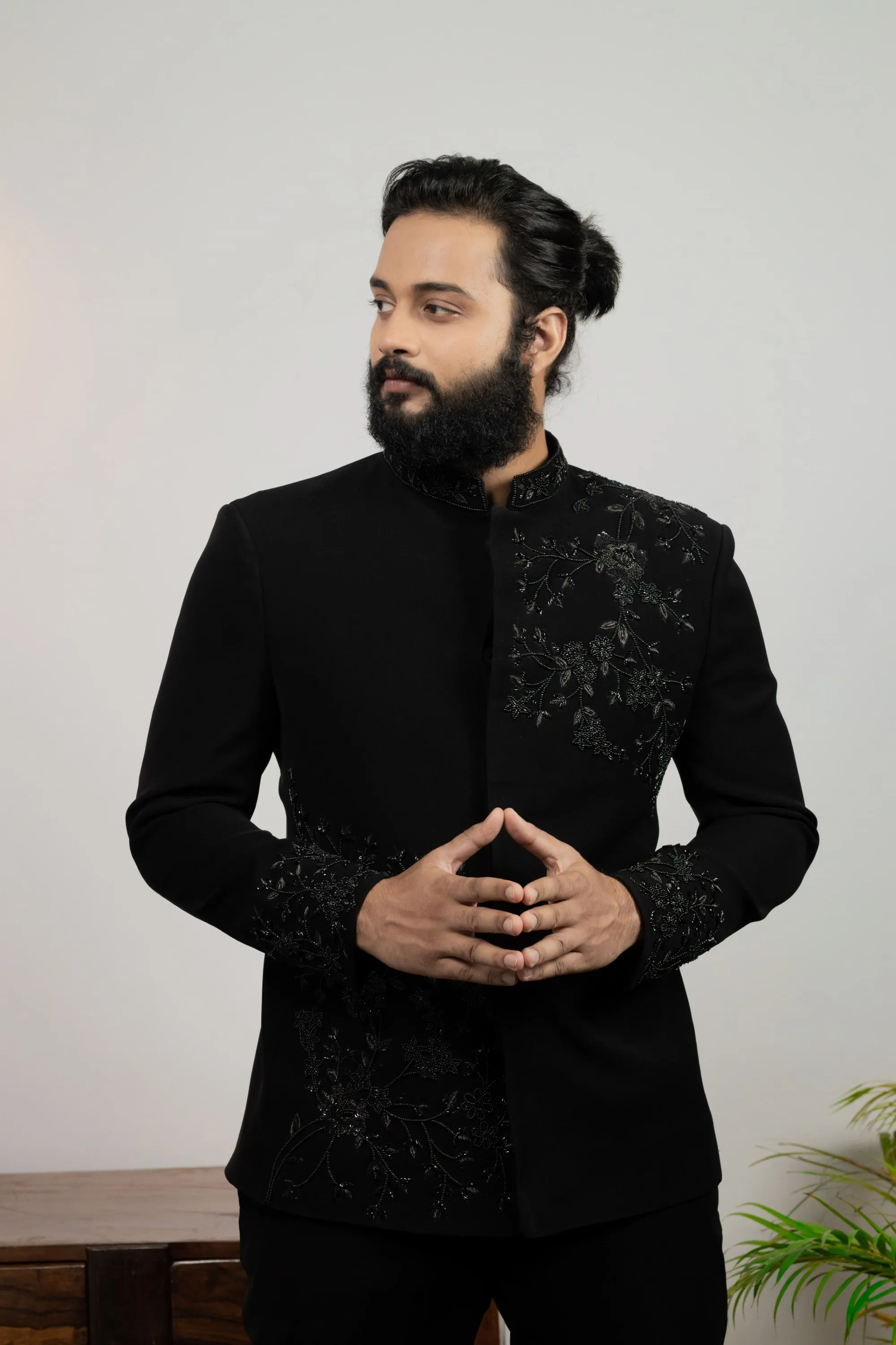 Men's Black Color Bandhgala Suit - Hilo Design
