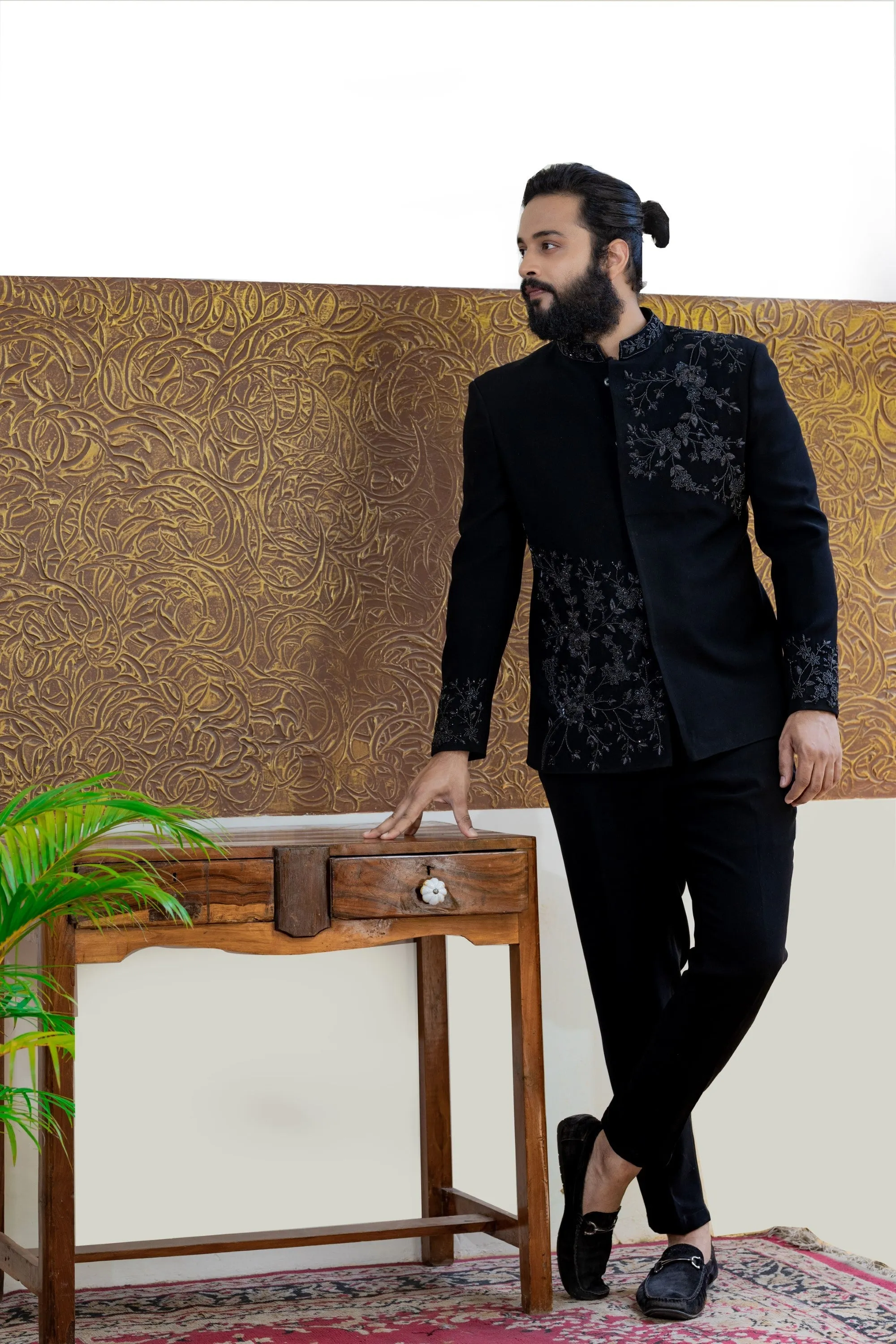 Men's Black Color Bandhgala Suit - Hilo Design