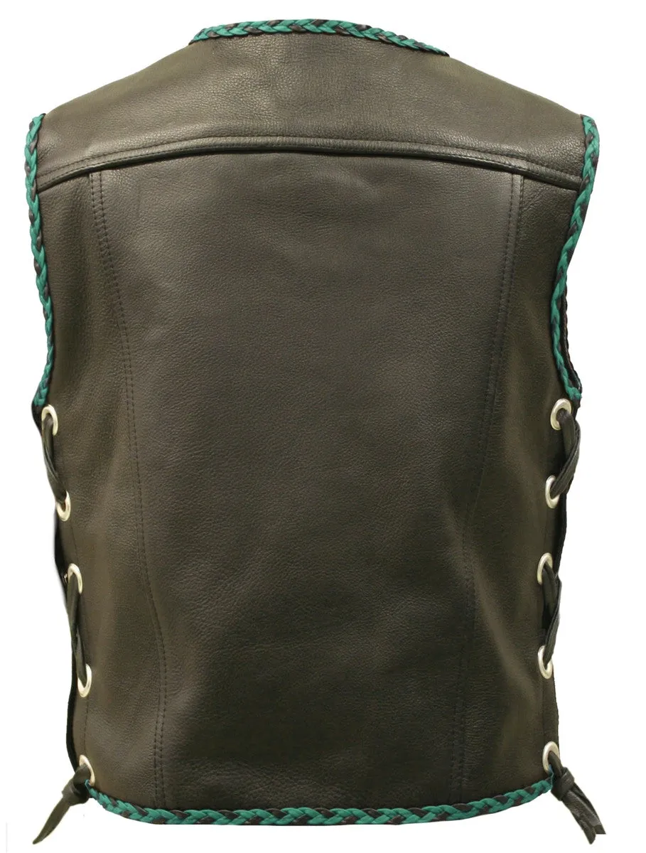 Mens Made in USA The Elite Motorcycle Leather Vest Royal Green/Black Braiding