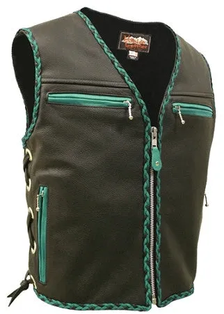 Mens Made in USA The Elite Motorcycle Leather Vest Royal Green/Black Braiding
