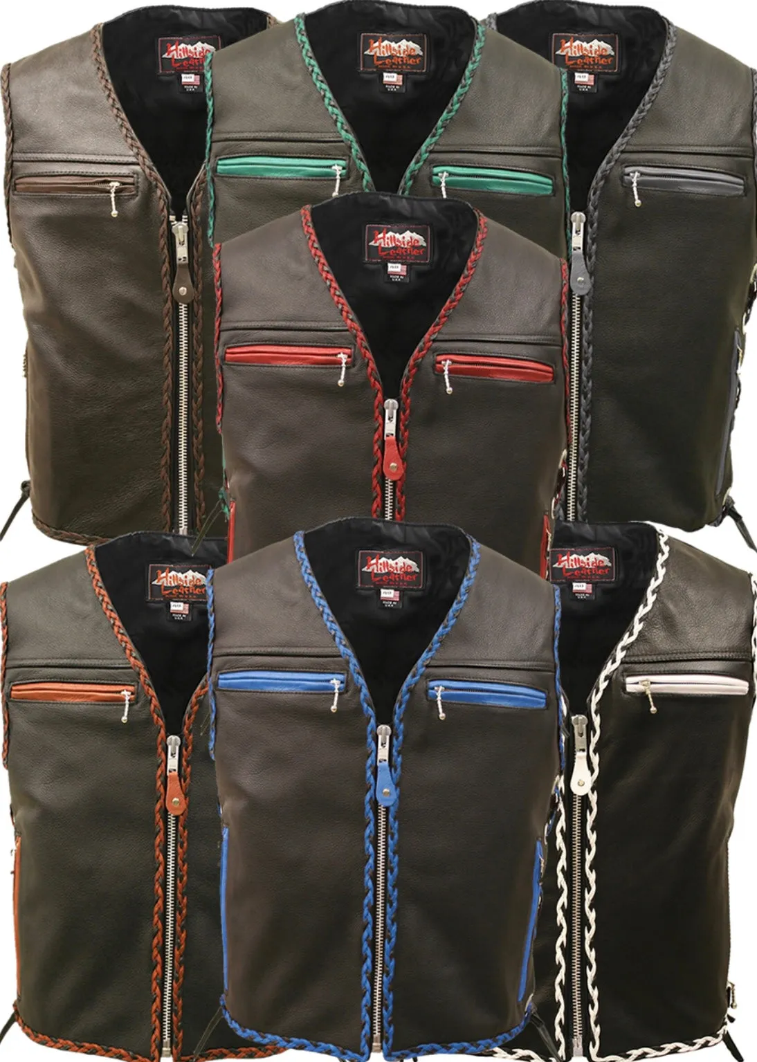 Mens Made in USA The Elite Motorcycle Leather Vest Royal Green/Black Braiding