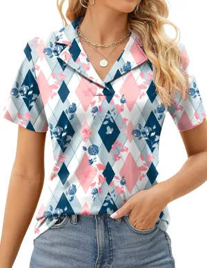 Rapbin Women's Polo Shirts Lapel Collar V Neck Short Sleeve Blouse Dressy Casual Tunic Tops