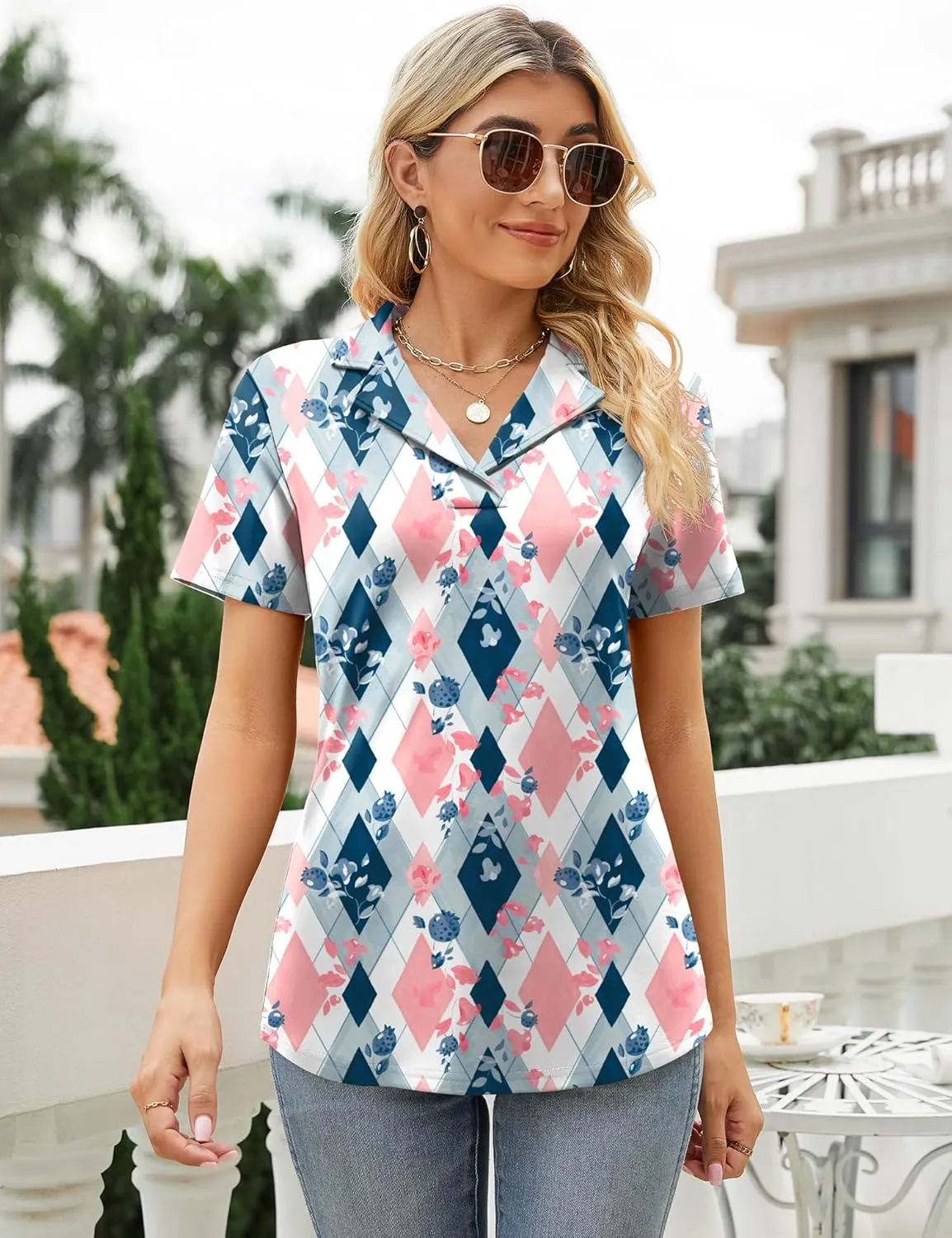 Rapbin Women's Polo Shirts Lapel Collar V Neck Short Sleeve Blouse Dressy Casual Tunic Tops