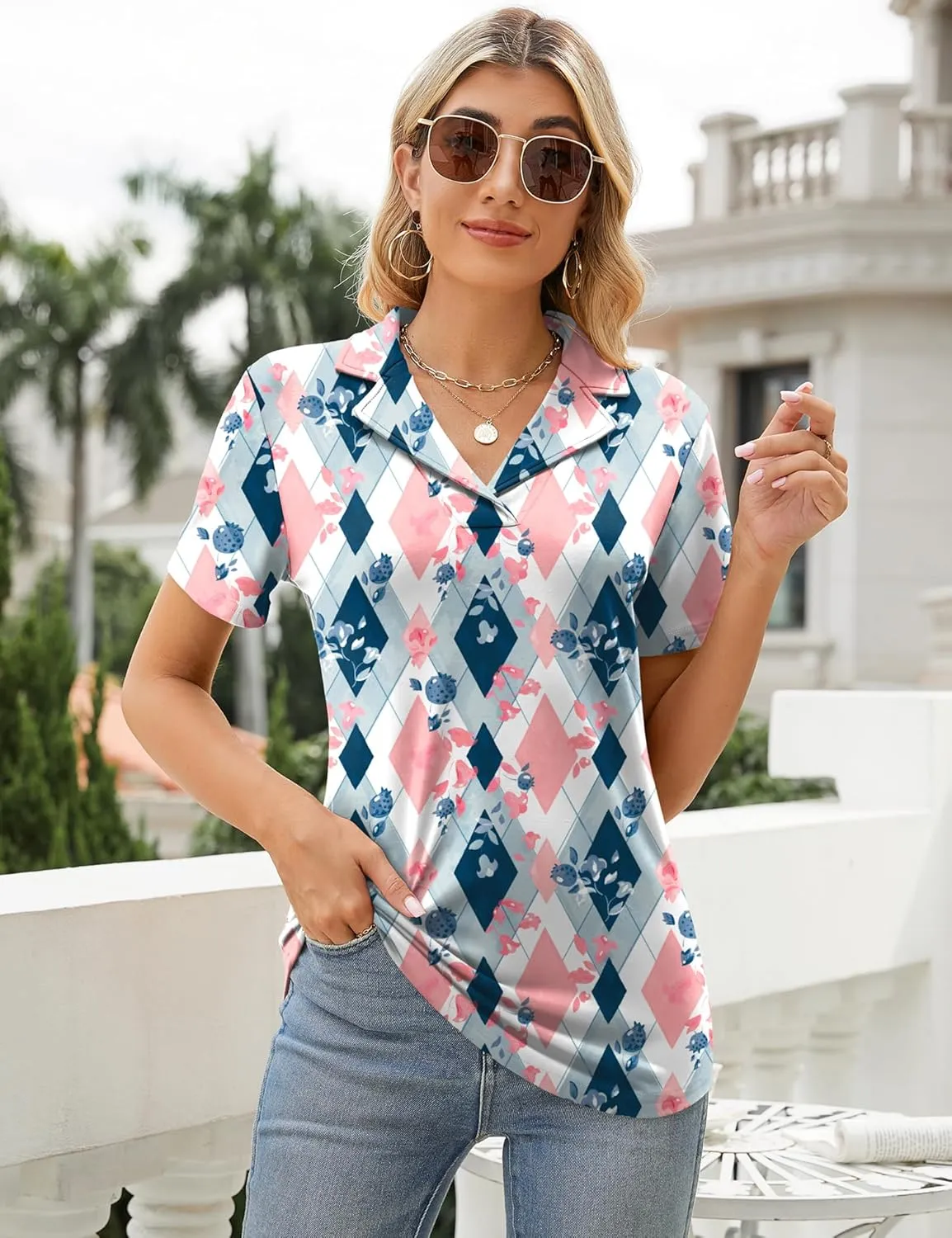 Rapbin Women's Polo Shirts Lapel Collar V Neck Short Sleeve Blouse Dressy Casual Tunic Tops