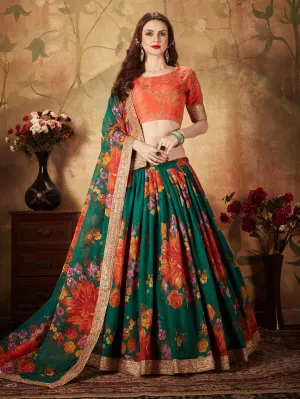 Refreshing Dark Green Floral Print Organza Silk Wedding Lehenga Choli With Orange Blouse