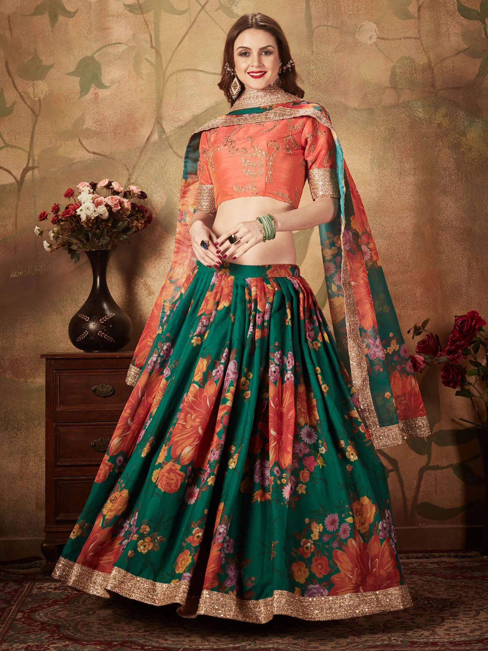 Refreshing Dark Green Floral Print Organza Silk Wedding Lehenga Choli With Orange Blouse