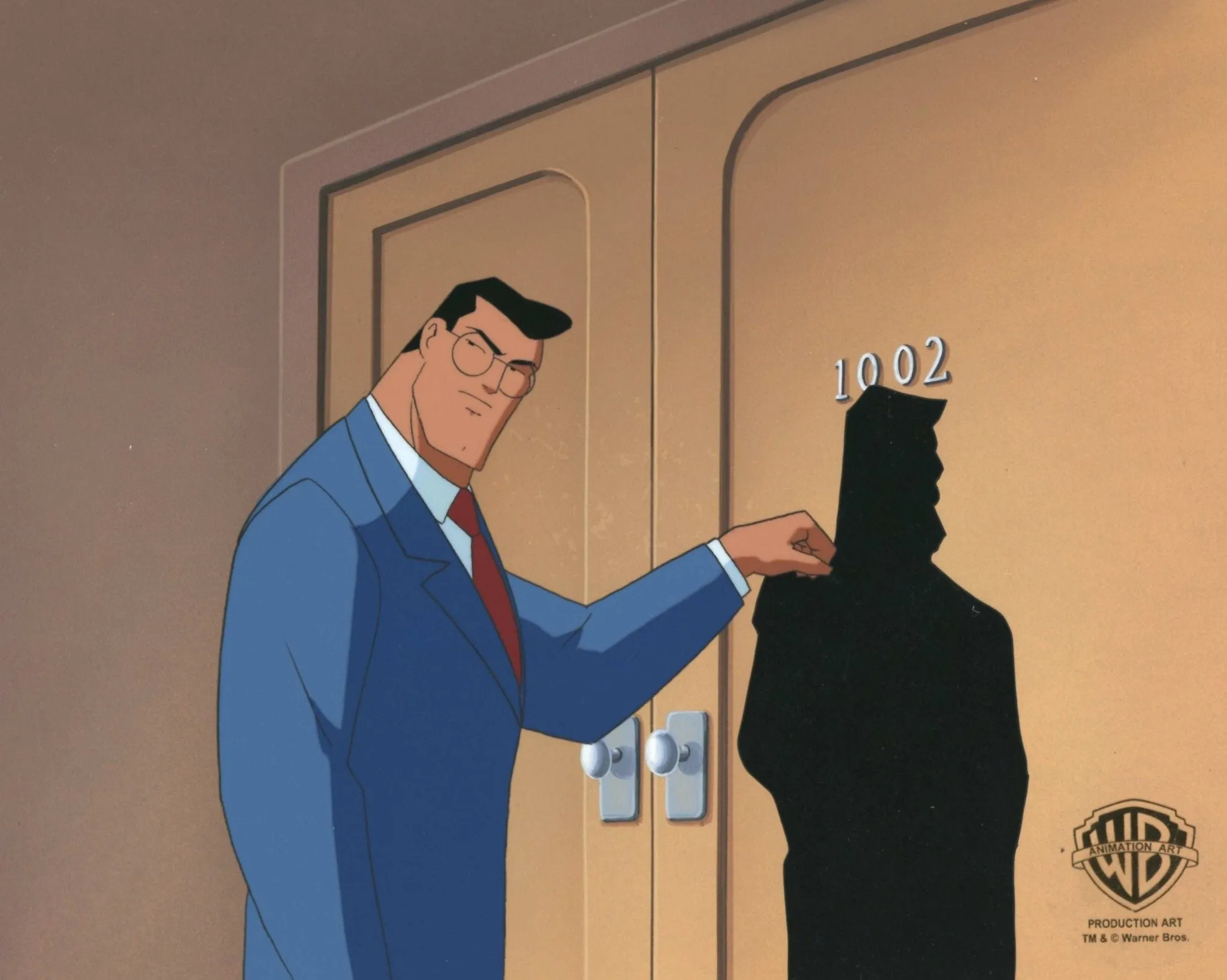 Superman the Animated Series Original Production Cel on Original Background: Clark Kent