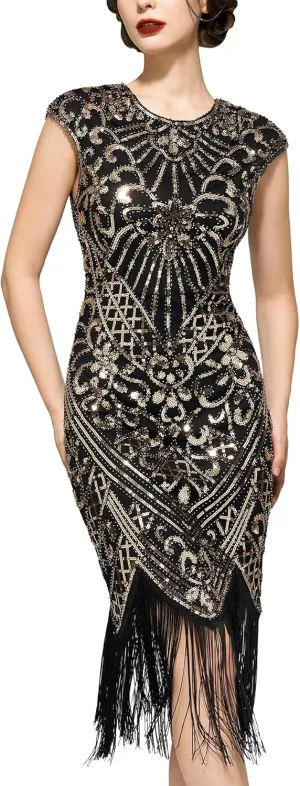 SWEETV Women's Flapper Dresses 1920s Great Gatsby Dresses Sequin Fringed Roaring 20s Cocktail Dress
