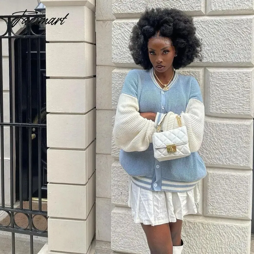 Tavimart Autumn Winter Women Cardigans Warm Knitted Sweater Jacket Pocket Contrasting Knit Cardigan Coat Lady Loose Sweaters Tops