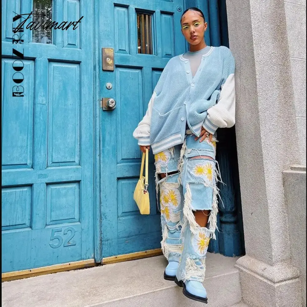 Tavimart Autumn Winter Women Cardigans Warm Knitted Sweater Jacket Pocket Contrasting Knit Cardigan Coat Lady Loose Sweaters Tops