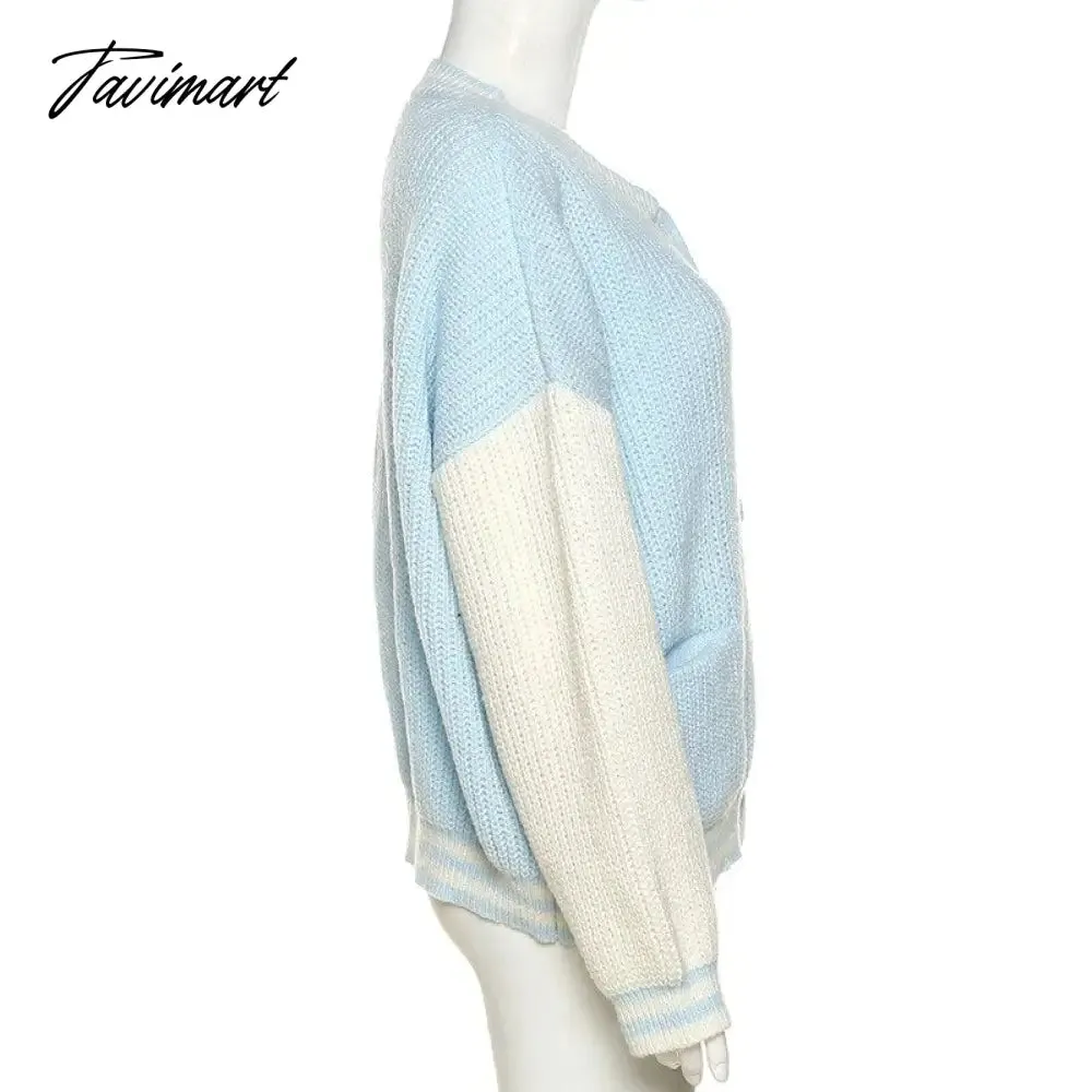 Tavimart Autumn Winter Women Cardigans Warm Knitted Sweater Jacket Pocket Contrasting Knit Cardigan Coat Lady Loose Sweaters Tops