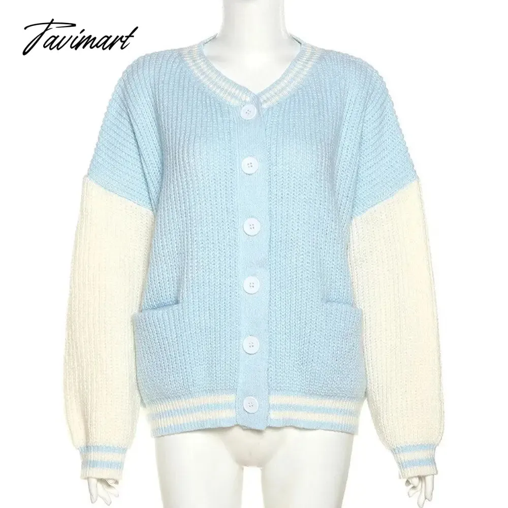 Tavimart Autumn Winter Women Cardigans Warm Knitted Sweater Jacket Pocket Contrasting Knit Cardigan Coat Lady Loose Sweaters Tops