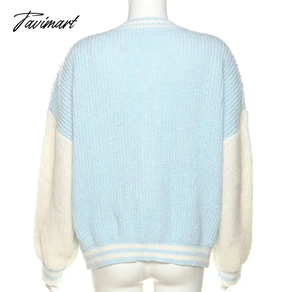 Tavimart Autumn Winter Women Cardigans Warm Knitted Sweater Jacket Pocket Contrasting Knit Cardigan Coat Lady Loose Sweaters Tops