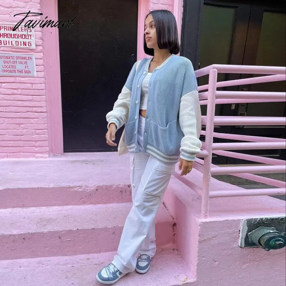 Tavimart Autumn Winter Women Cardigans Warm Knitted Sweater Jacket Pocket Contrasting Knit Cardigan Coat Lady Loose Sweaters Tops