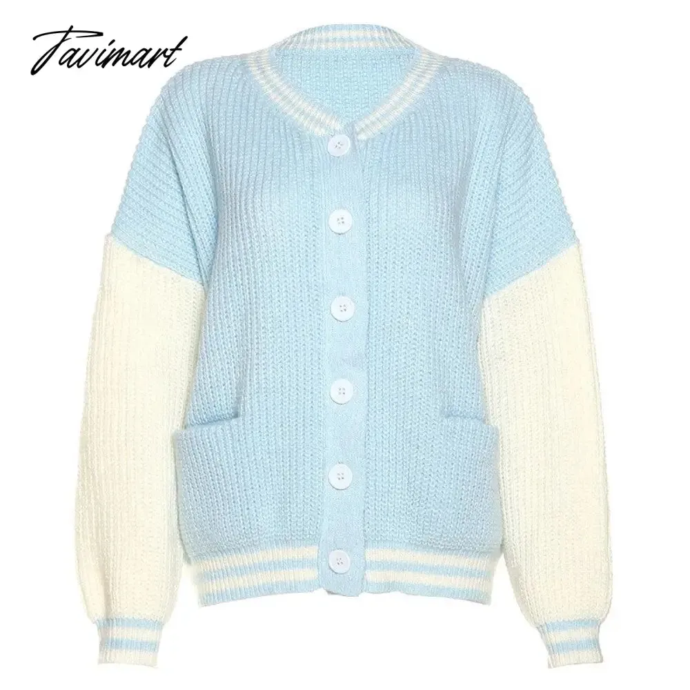 Tavimart Autumn Winter Women Cardigans Warm Knitted Sweater Jacket Pocket Contrasting Knit Cardigan Coat Lady Loose Sweaters Tops