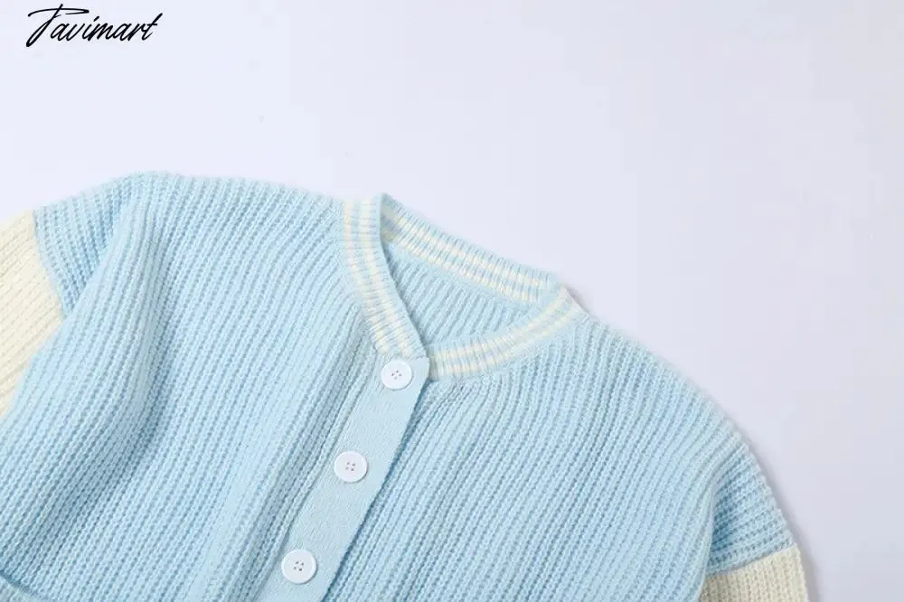 Tavimart Autumn Winter Women Cardigans Warm Knitted Sweater Jacket Pocket Contrasting Knit Cardigan Coat Lady Loose Sweaters Tops