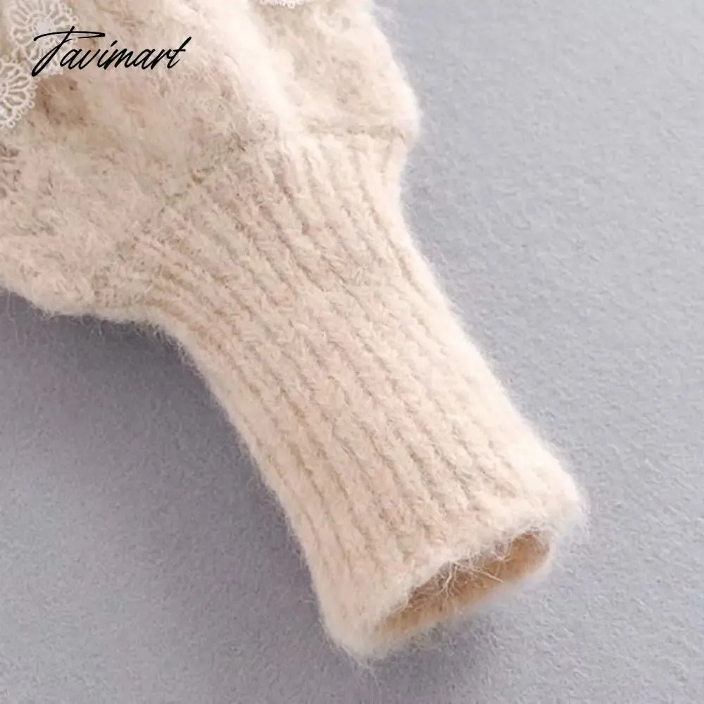 Tavimart  Lace Stripe Patchwork Woman Sweaters Knitted Loose Sweet Sweater Vintage High Neck Lantern Sleeve  Pullover Women Tops