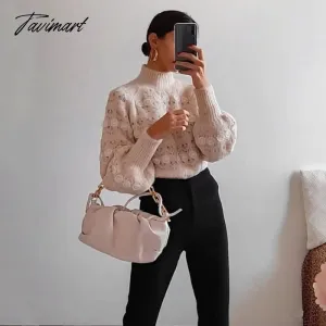 Tavimart  Lace Stripe Patchwork Woman Sweaters Knitted Loose Sweet Sweater Vintage High Neck Lantern Sleeve  Pullover Women Tops