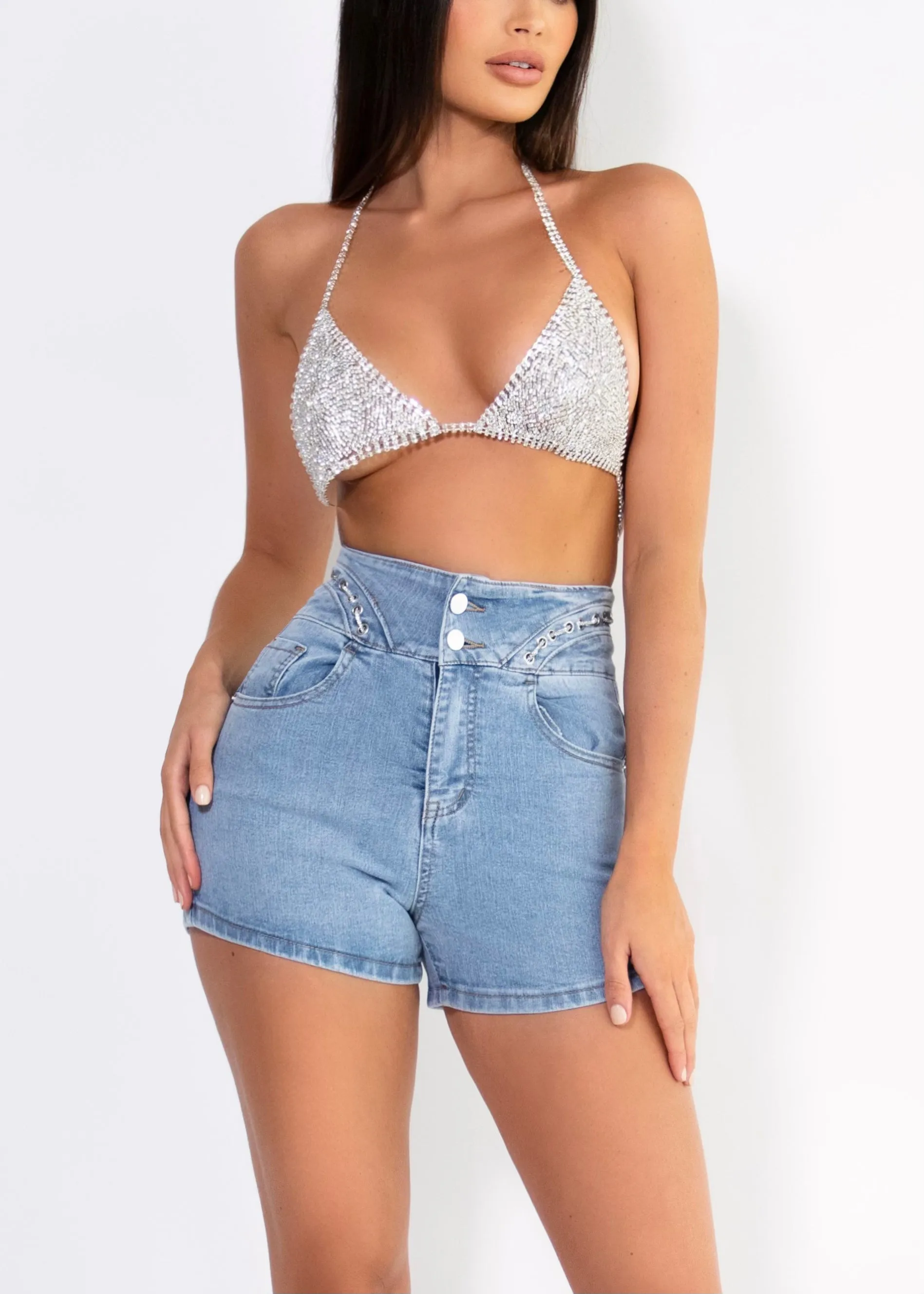 THE HARPER DENIM DIAMANTE SHORTS - SALE