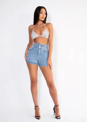 THE HARPER DENIM DIAMANTE SHORTS - SALE
