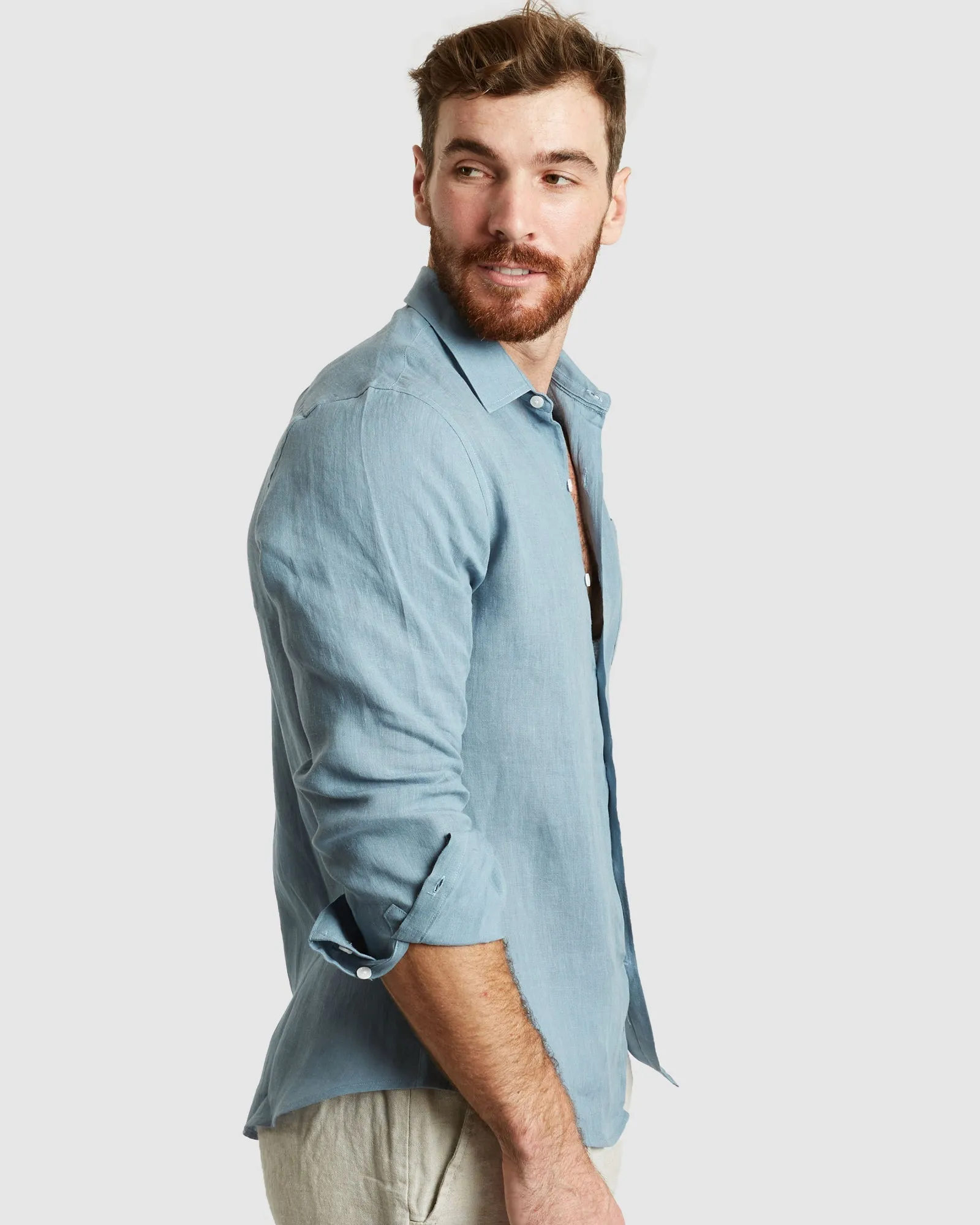 Tulum-Casual Dusk Blue Linen Shirt Long Sleeve