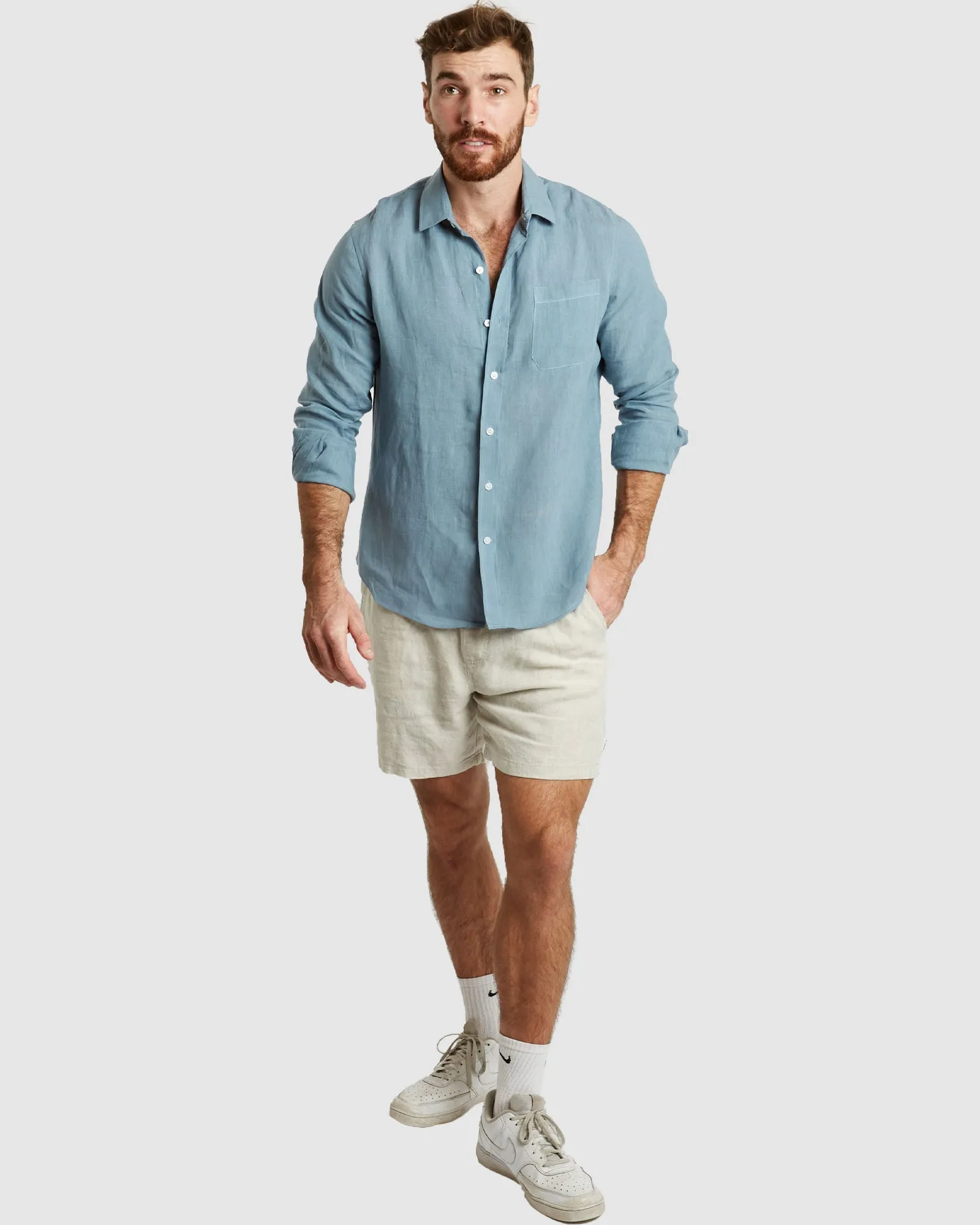 Tulum-Casual Dusk Blue Linen Shirt Long Sleeve