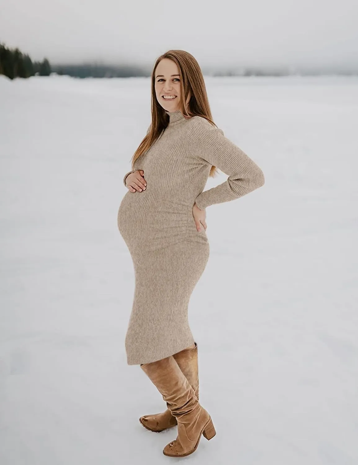 Turtleneck Ribbed Maternity Dress/Ruched Knit Sweater Bodycon Pregnancy Dress Casual Wear Baby Shower