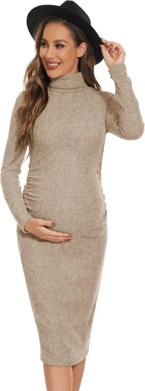 Turtleneck Ribbed Maternity Dress/Ruched Knit Sweater Bodycon Pregnancy Dress Casual Wear Baby Shower