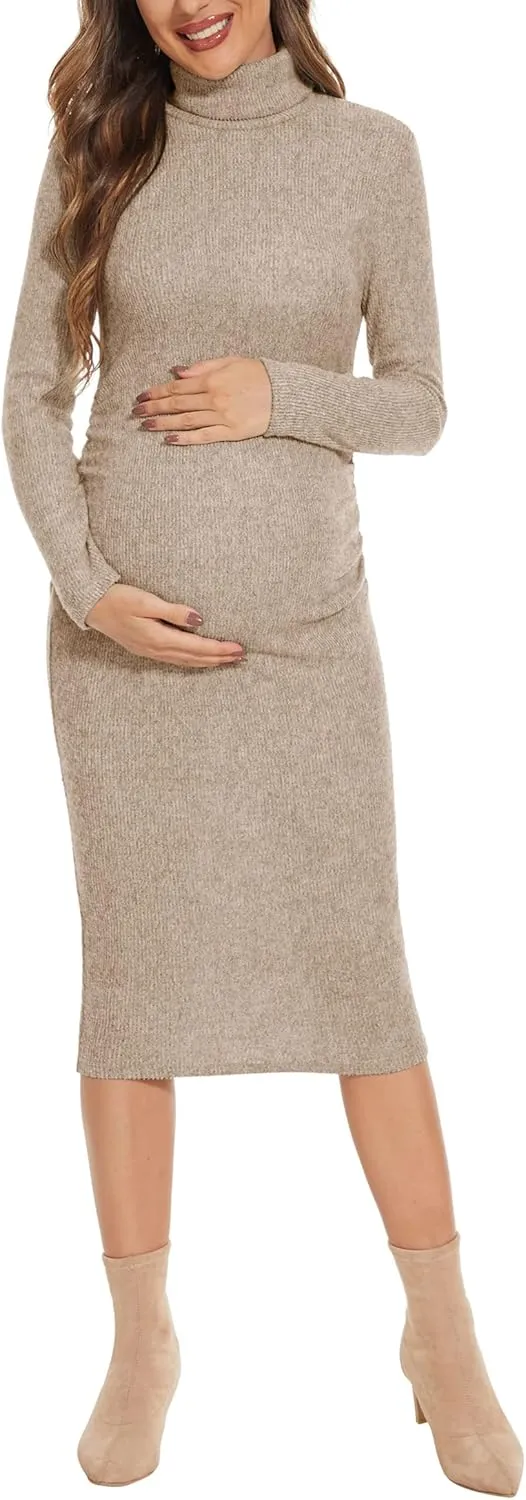 Turtleneck Ribbed Maternity Dress/Ruched Knit Sweater Bodycon Pregnancy Dress Casual Wear Baby Shower
