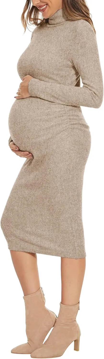 Turtleneck Ribbed Maternity Dress/Ruched Knit Sweater Bodycon Pregnancy Dress Casual Wear Baby Shower
