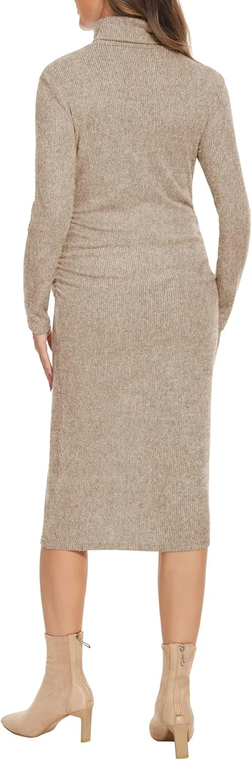 Turtleneck Ribbed Maternity Dress/Ruched Knit Sweater Bodycon Pregnancy Dress Casual Wear Baby Shower