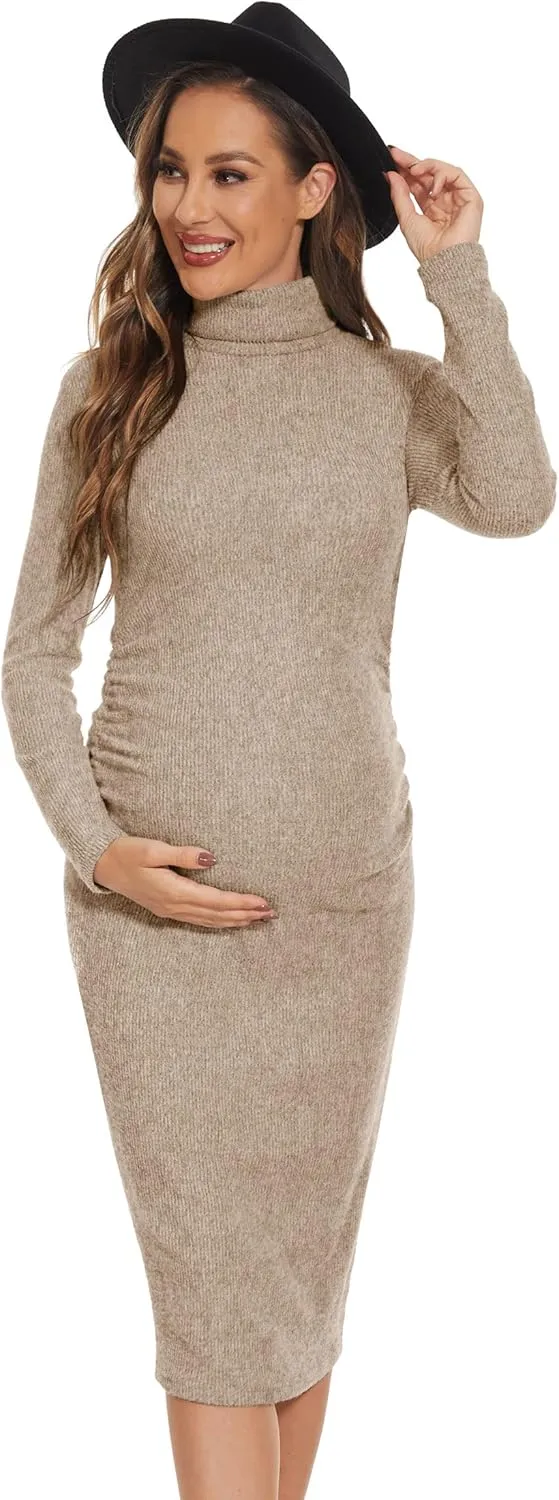 Turtleneck Ribbed Maternity Dress/Ruched Knit Sweater Bodycon Pregnancy Dress Casual Wear Baby Shower
