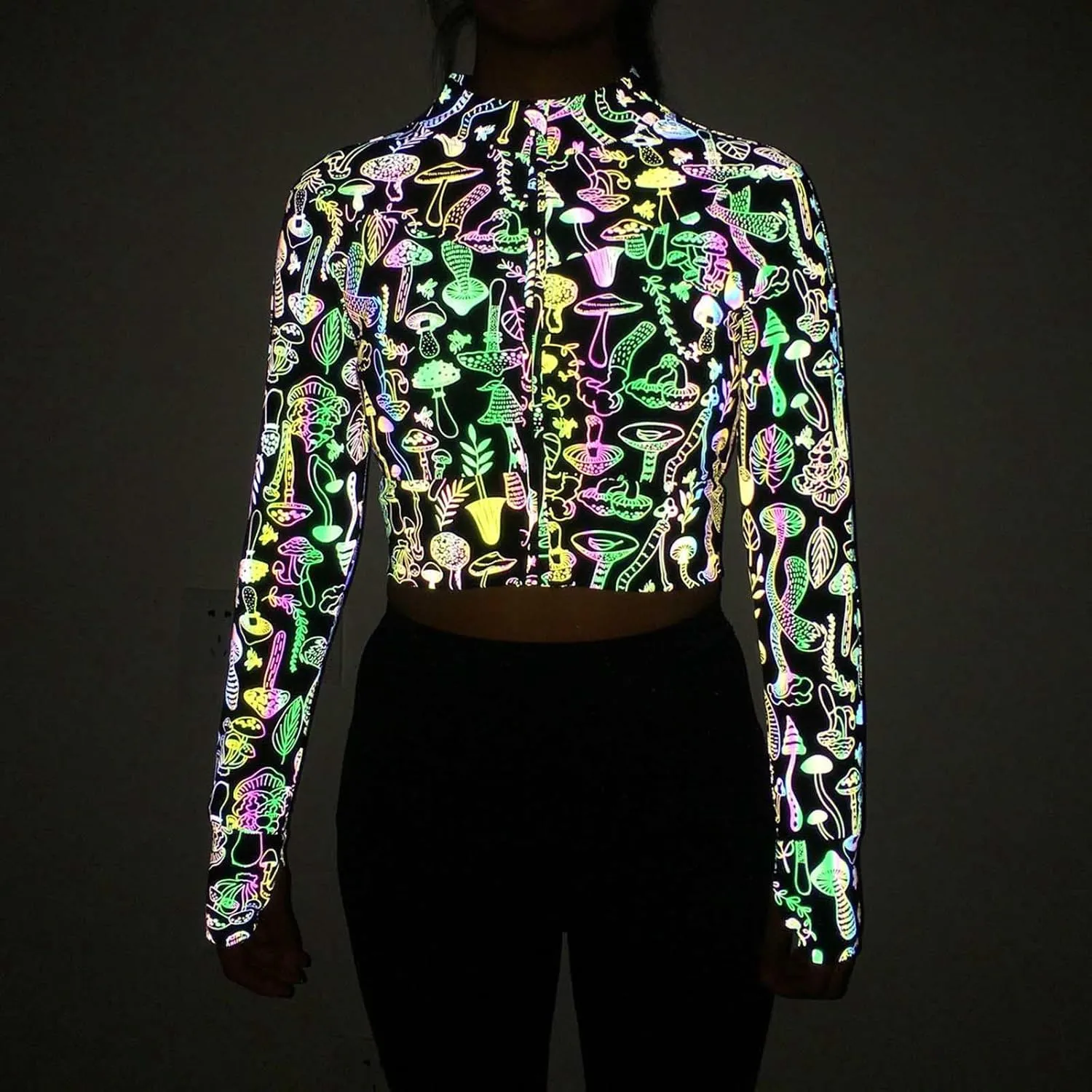 Women Crop Rave Tops for Festival Leopard Reflective Jackets Zipper Holographic Short Bomber Jacket Festival Costumes