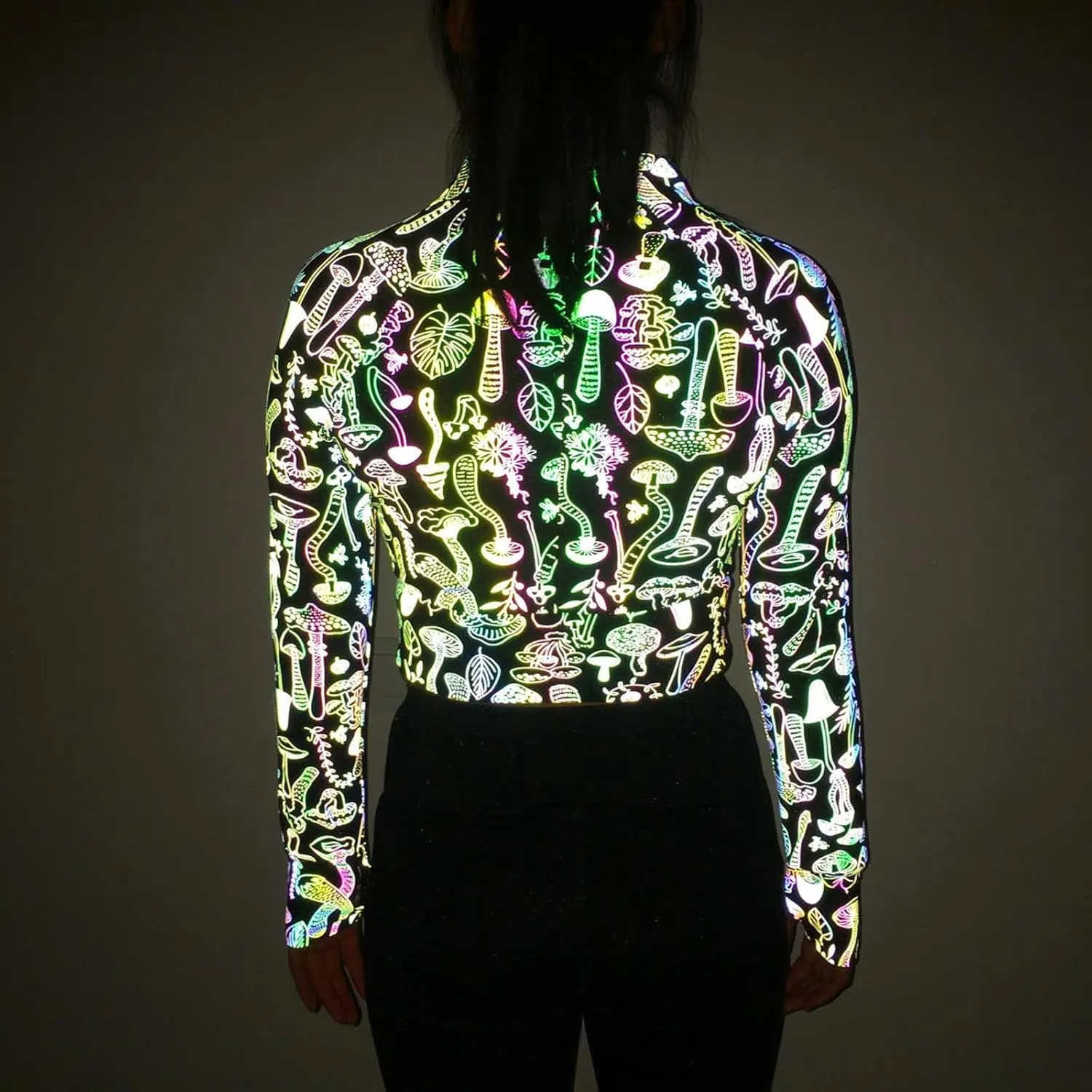 Women Crop Rave Tops for Festival Leopard Reflective Jackets Zipper Holographic Short Bomber Jacket Festival Costumes