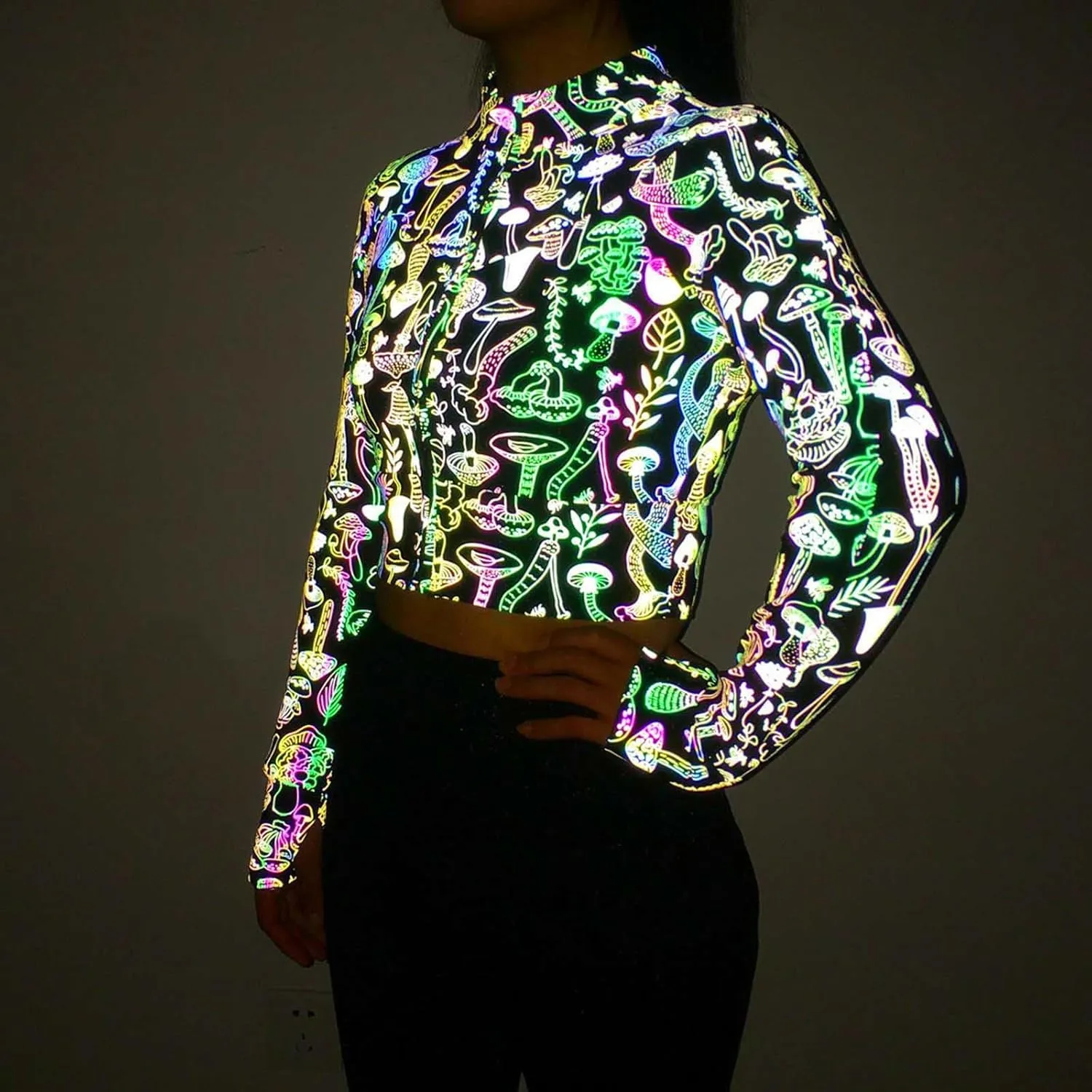 Women Crop Rave Tops for Festival Leopard Reflective Jackets Zipper Holographic Short Bomber Jacket Festival Costumes
