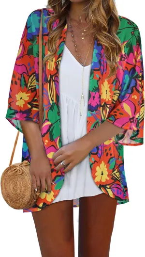 Women Kimono Cardigans Casual Summer Tops Cover up Open Front Floral Print Resort Wear