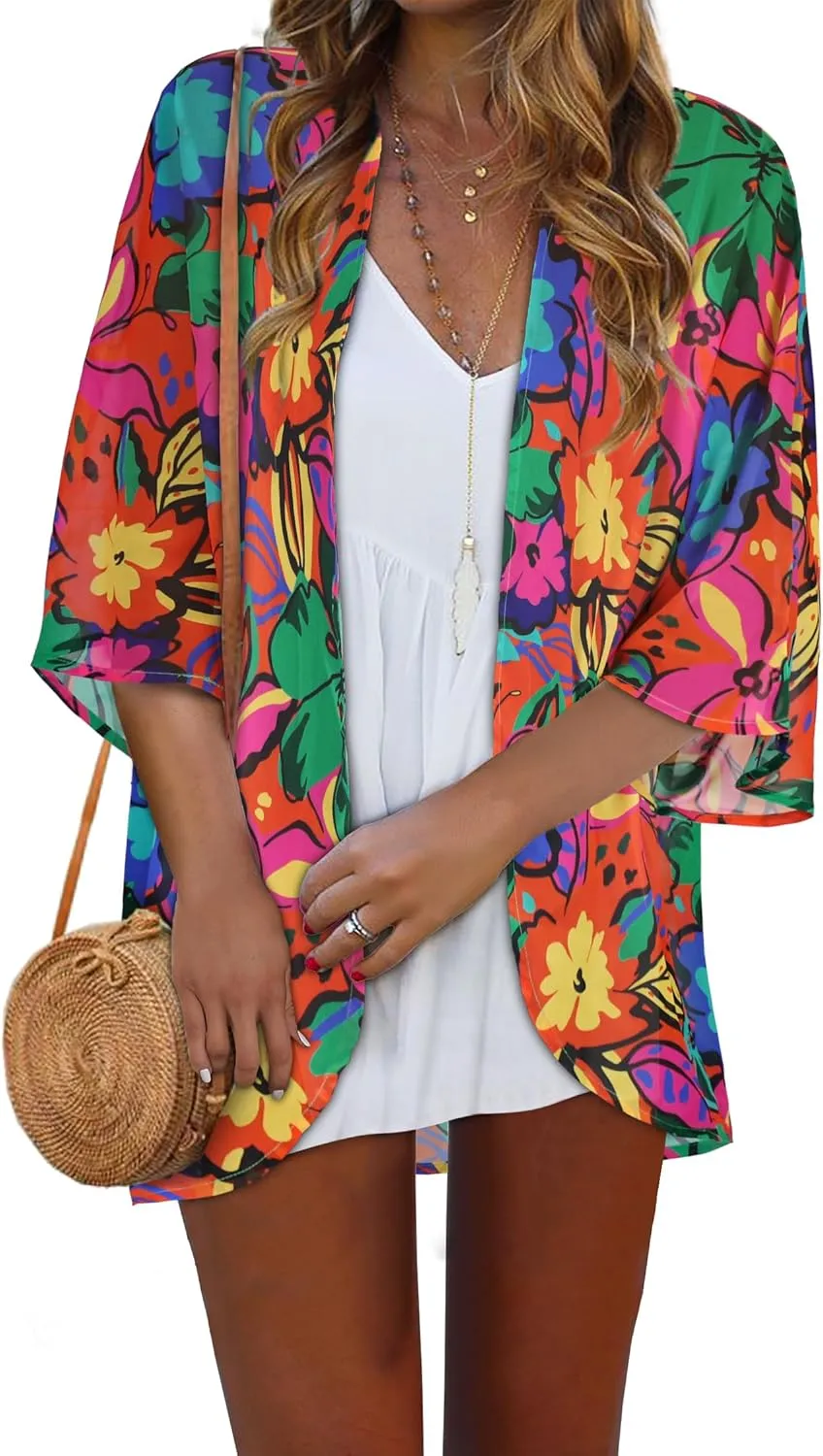 Women Kimono Cardigans Casual Summer Tops Cover up Open Front Floral Print Resort Wear