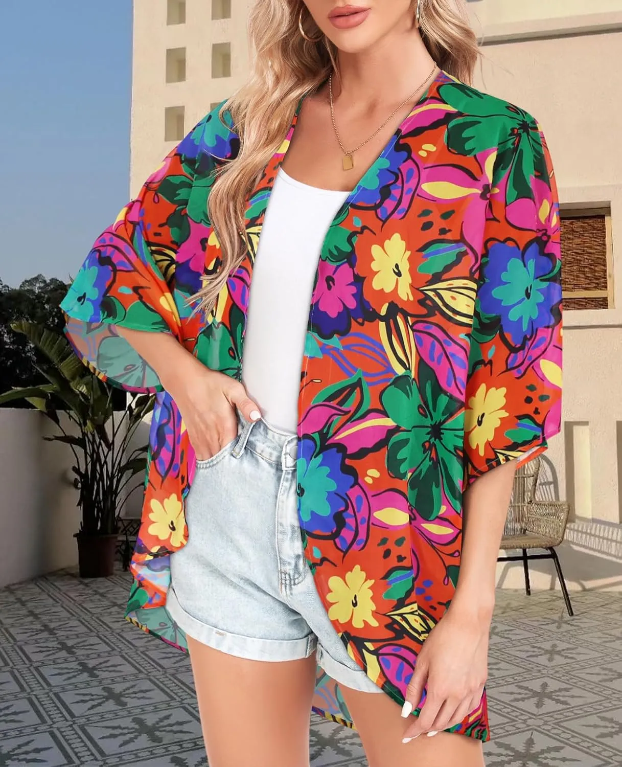 Women Kimono Cardigans Casual Summer Tops Cover up Open Front Floral Print Resort Wear