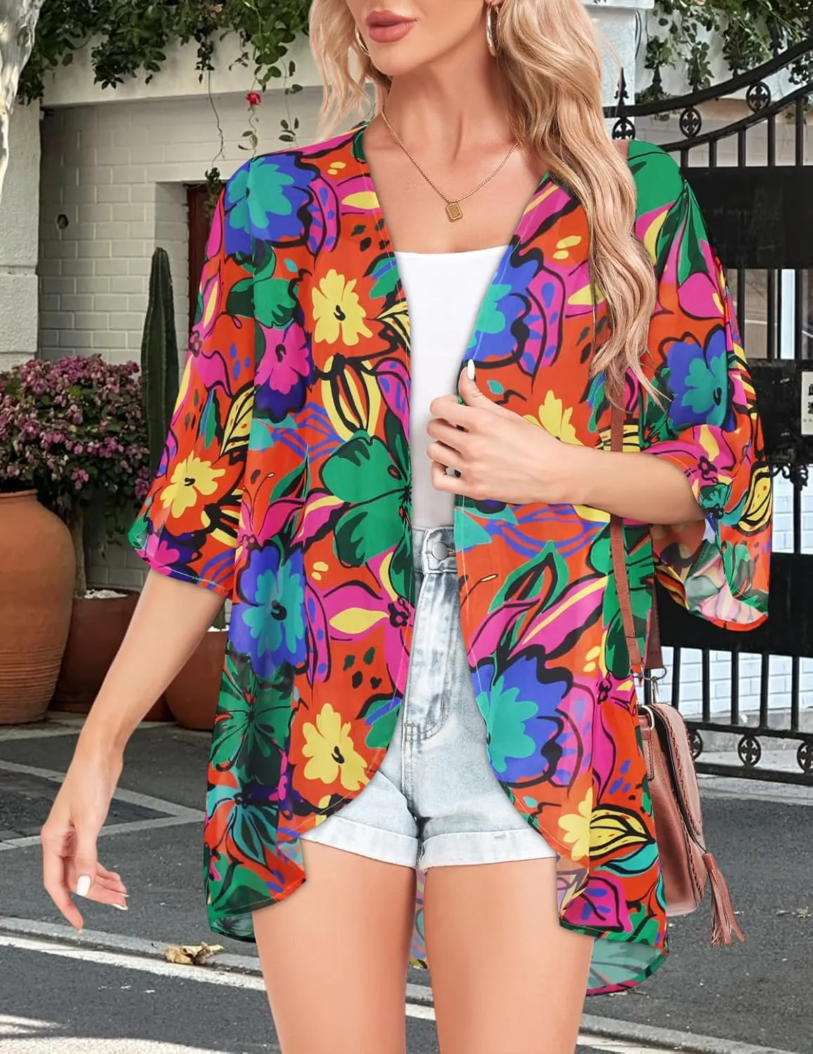 Women Kimono Cardigans Casual Summer Tops Cover up Open Front Floral Print Resort Wear