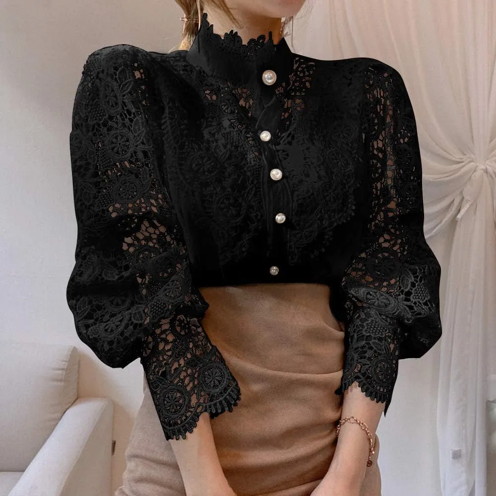 Women’s Elegant Lace Trim Shirts Casual Victorian Blouse Long Sleeve Button Down Tops