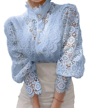 Women’s Elegant Lace Trim Shirts Casual Victorian Blouse Long Sleeve Button Down Tops