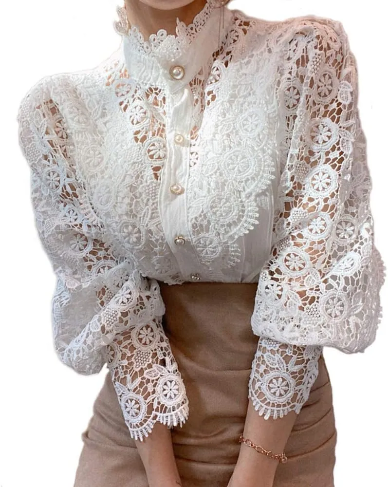 Women’s Elegant Lace Trim Shirts Casual Victorian Blouse Long Sleeve Button Down Tops