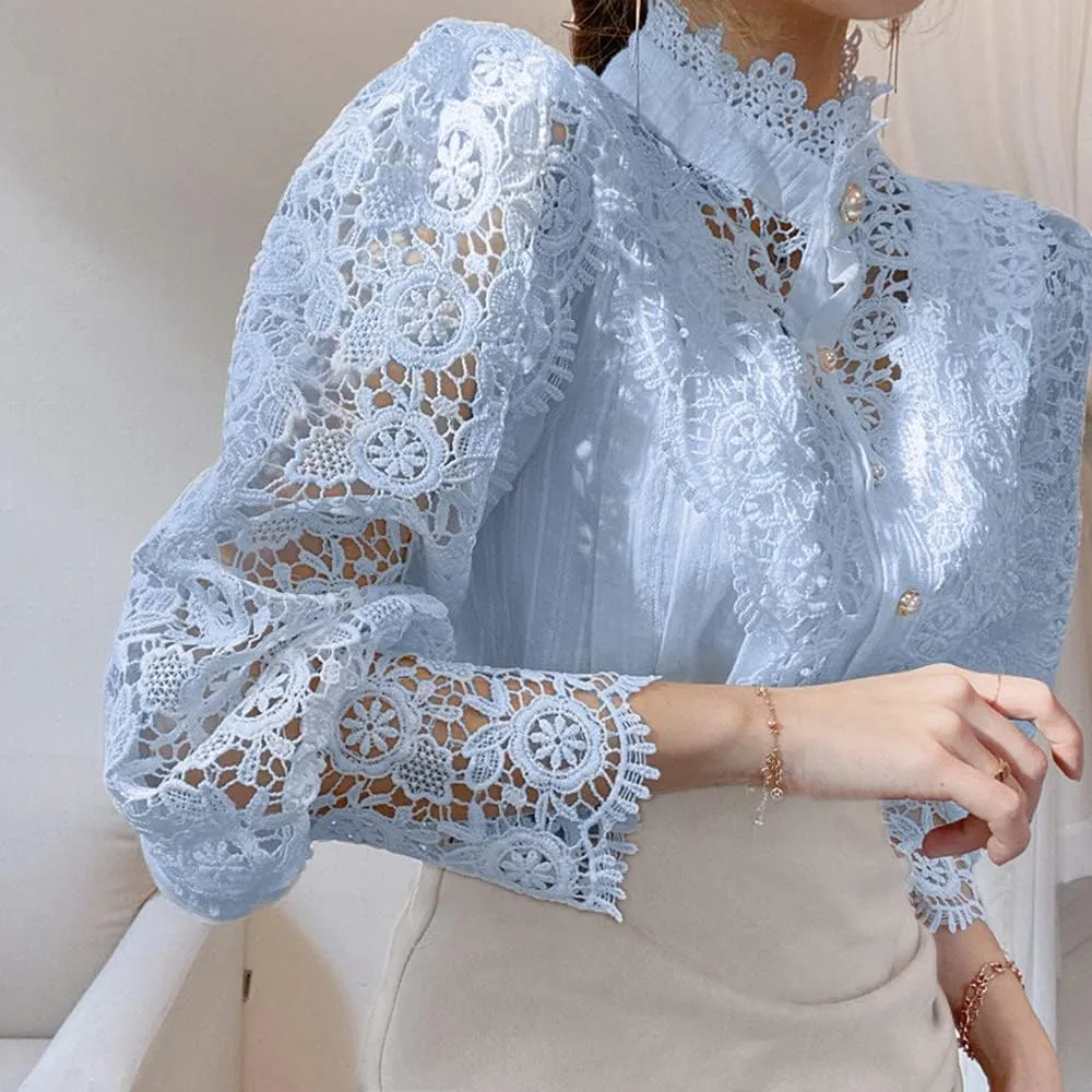 Women’s Elegant Lace Trim Shirts Casual Victorian Blouse Long Sleeve Button Down Tops