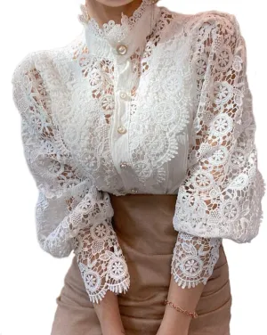 Women’s Elegant Lace Trim Shirts Casual Victorian Blouse Long Sleeve Button Down Tops