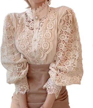Women’s Elegant Lace Trim Shirts Casual Victorian Blouse Long Sleeve Button Down Tops