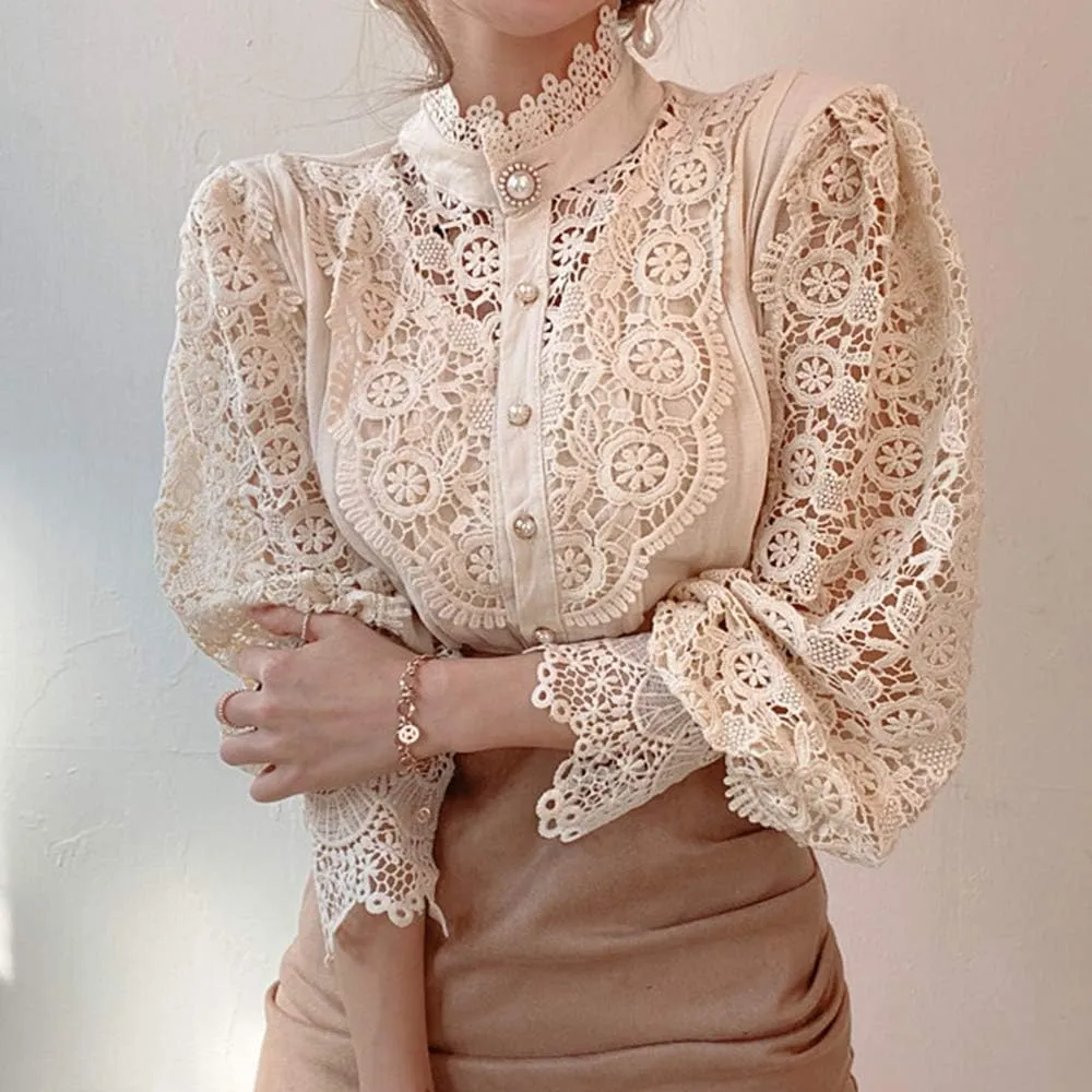 Women’s Elegant Lace Trim Shirts Casual Victorian Blouse Long Sleeve Button Down Tops