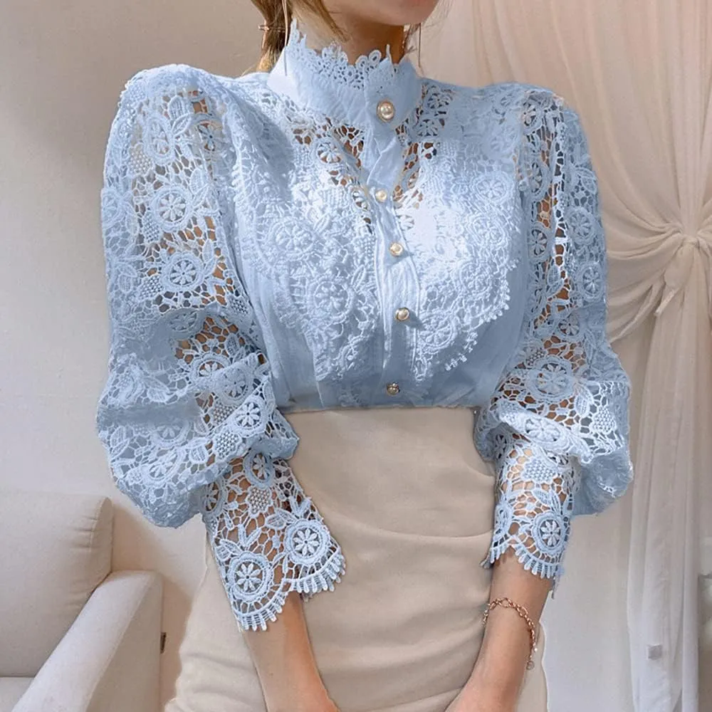 Women’s Elegant Lace Trim Shirts Casual Victorian Blouse Long Sleeve Button Down Tops