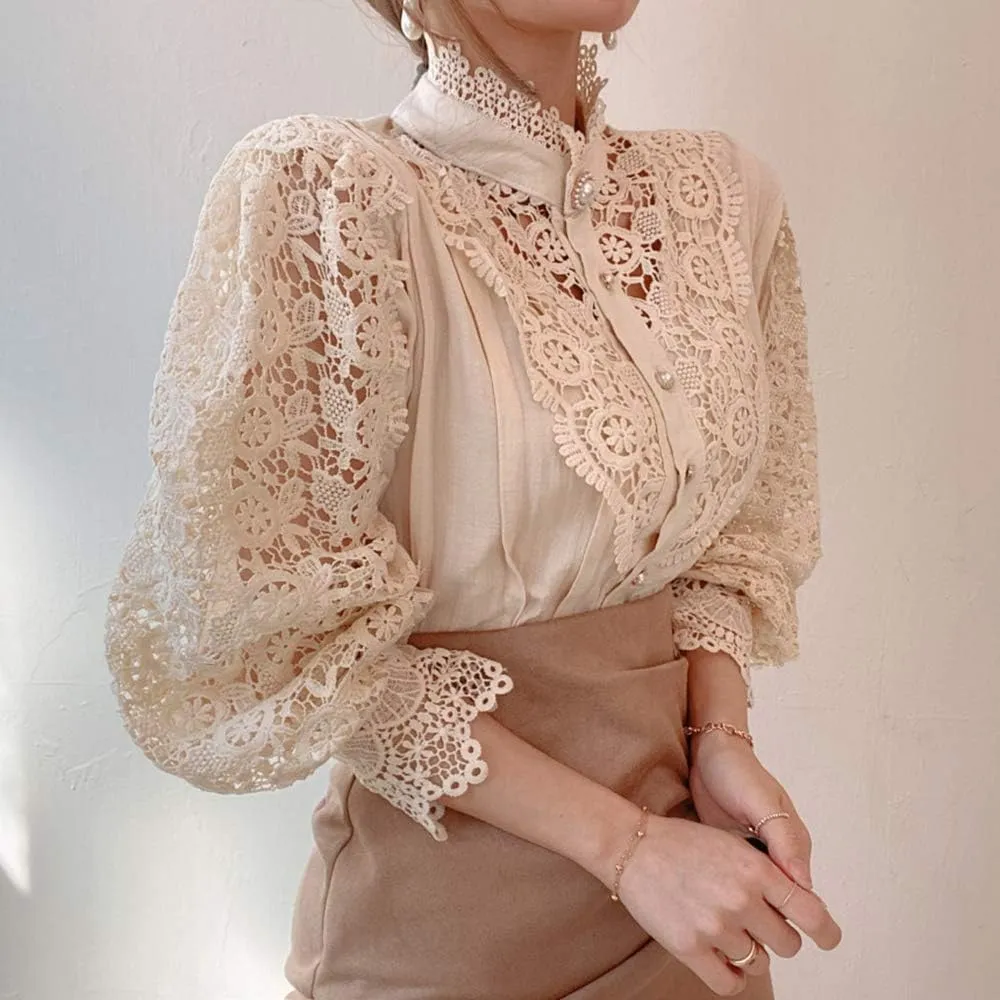 Women’s Elegant Lace Trim Shirts Casual Victorian Blouse Long Sleeve Button Down Tops