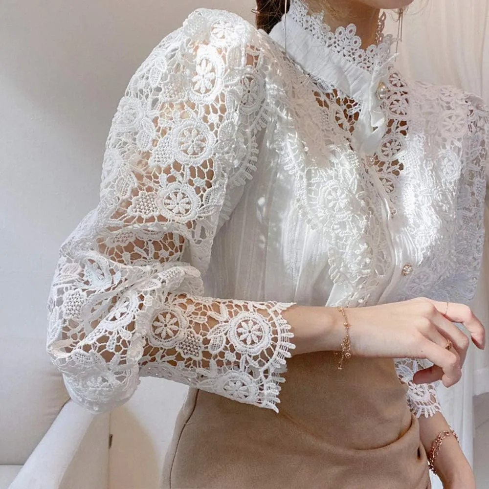 Women’s Elegant Lace Trim Shirts Casual Victorian Blouse Long Sleeve Button Down Tops