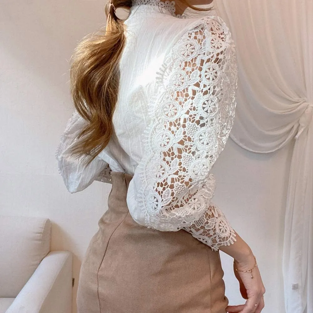 Women’s Elegant Lace Trim Shirts Casual Victorian Blouse Long Sleeve Button Down Tops